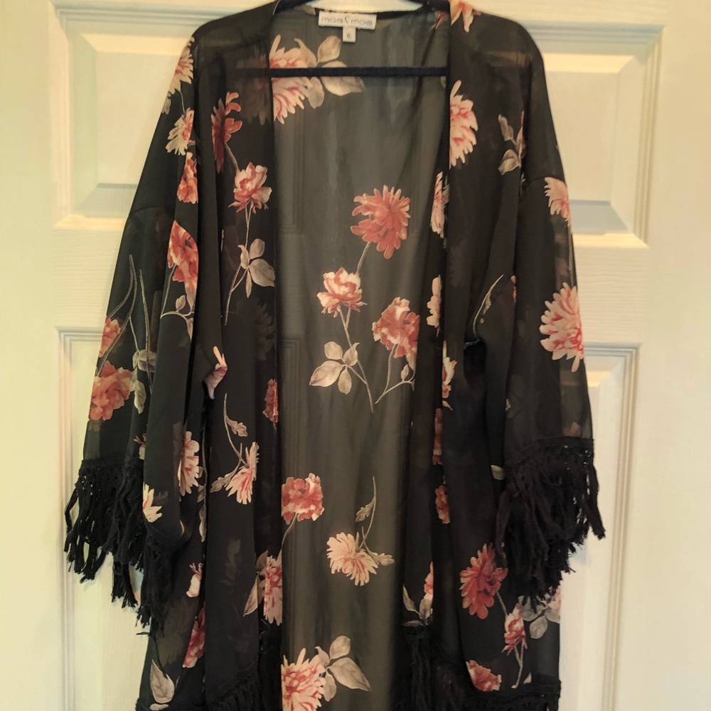 Moa Moa Black Chiffon Floral Shawl W/Fringe Kimono